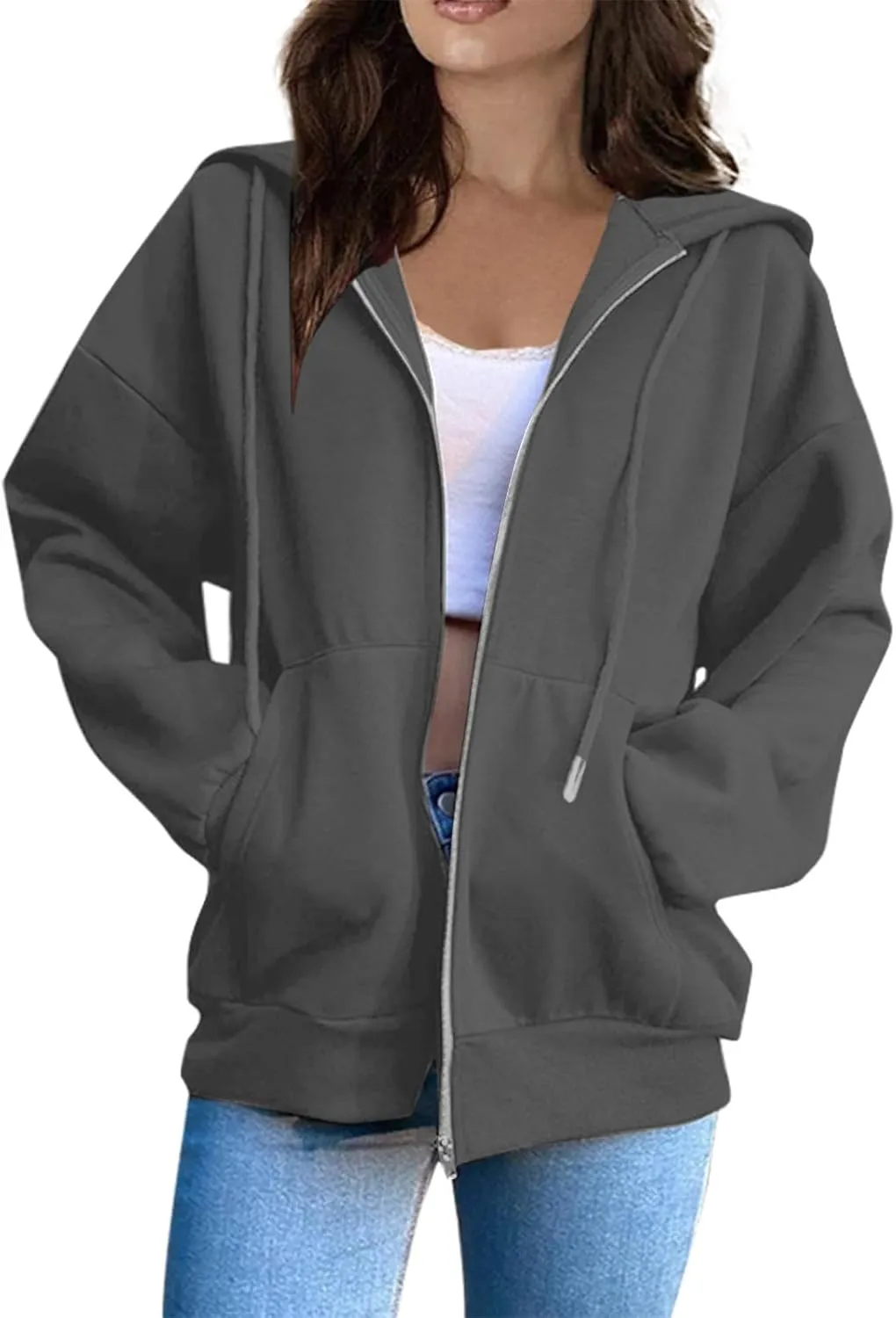 Womens Zip Up Hoodies Long Sleeve Pockets Oversized Sweatshirts Solid Y2k Hoodie Jacket Fall Fashion Clothes 2024