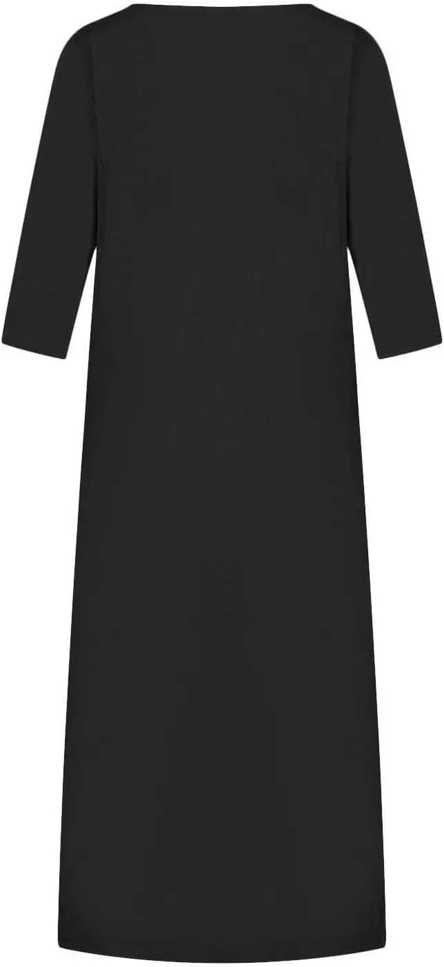 XUNRYAN Plus Size Womens Casual Linen Dress Midi Dresses V Neck Baggy Loose Fit 3/4 Sleeve Shirt Dress with Pockets