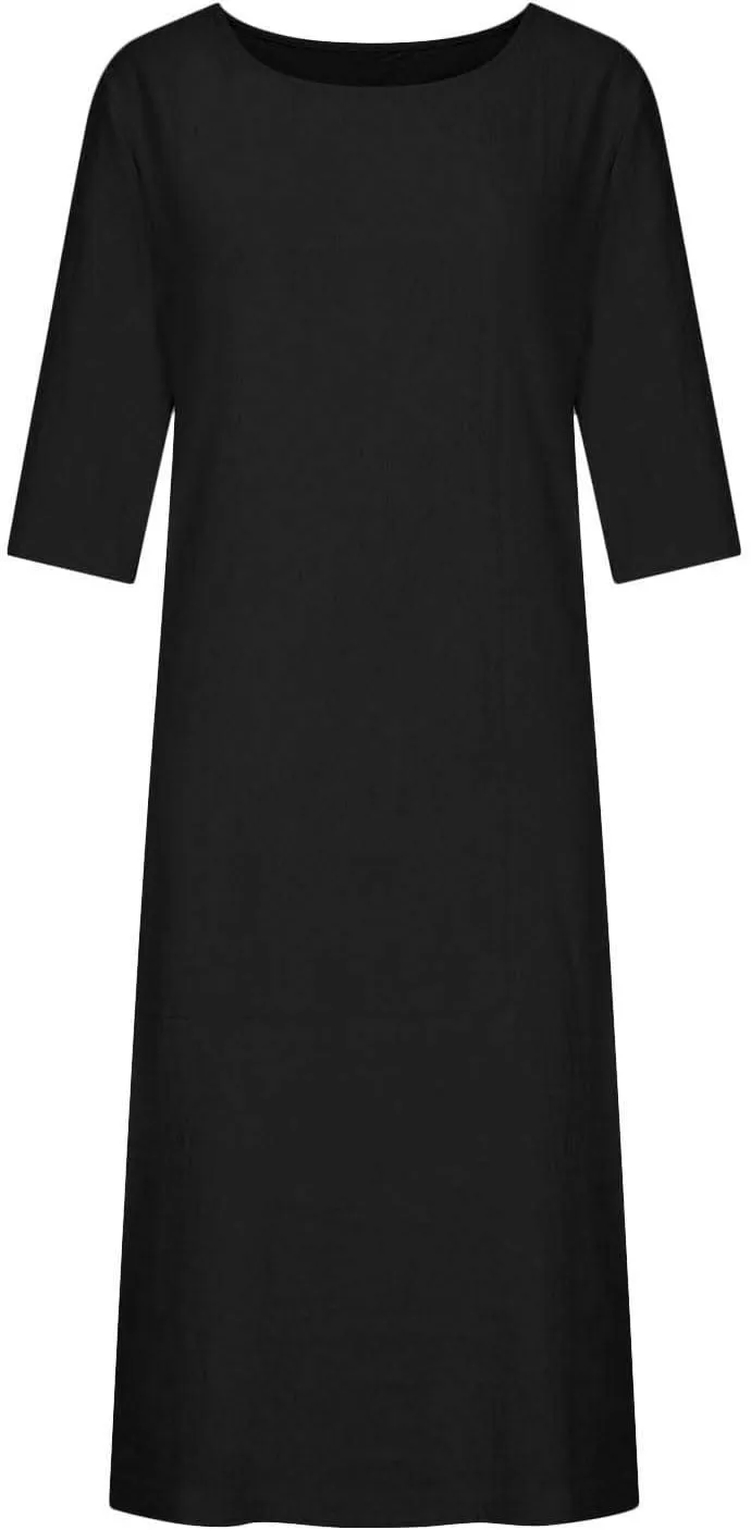 XUNRYAN Plus Size Womens Casual Linen Dress Midi Dresses V Neck Baggy Loose Fit 3/4 Sleeve Shirt Dress with Pockets
