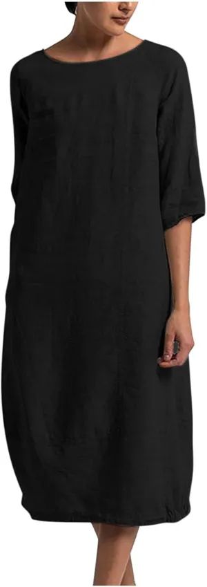 XUNRYAN Plus Size Womens Casual Linen Dress Midi Dresses V Neck Baggy Loose Fit 3/4 Sleeve Shirt Dress with Pockets