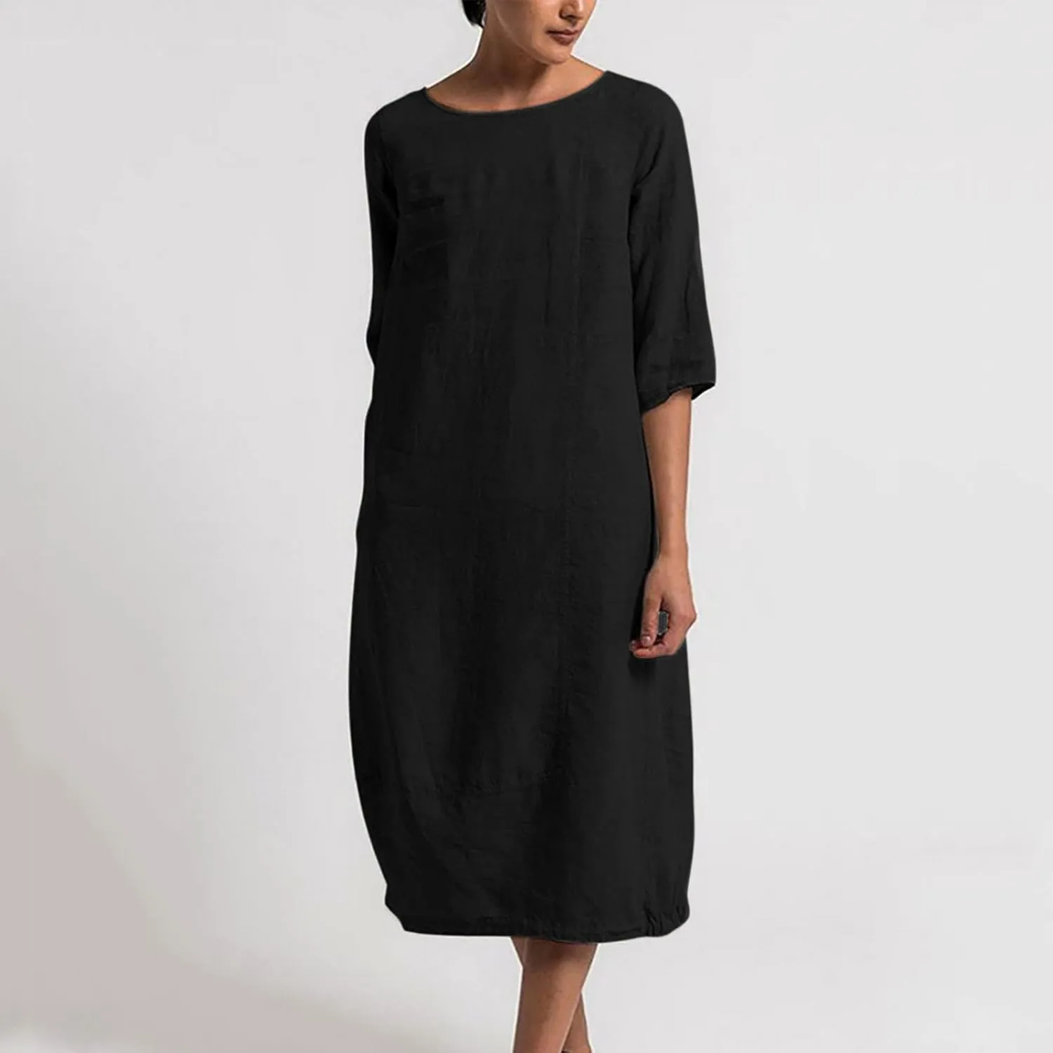 XUNRYAN Plus Size Womens Casual Linen Dress Midi Dresses V Neck Baggy Loose Fit 3/4 Sleeve Shirt Dress with Pockets