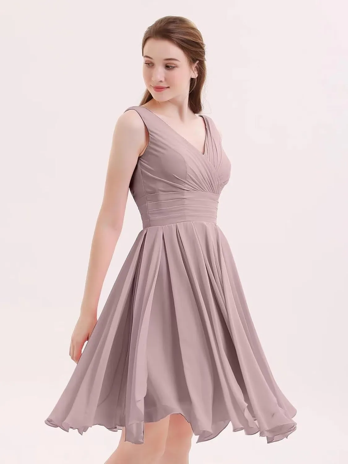 XYAYE V-Neck Ruched Short Bridesmaid Dresses for Women Knee Length Chiffon Pleated Formal Maxi Dresses with Pockets XY040