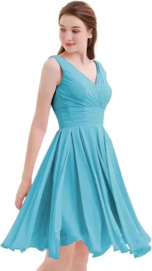 XYAYE V-Neck Ruched Short Bridesmaid Dresses for Women Knee Length Chiffon Pleated Formal Maxi Dresses with Pockets XY040