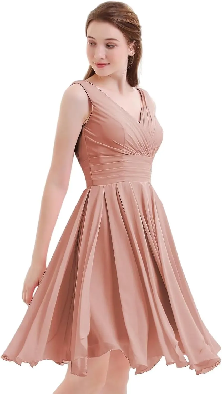 XYAYE V-Neck Ruched Short Bridesmaid Dresses for Women Knee Length Chiffon Pleated Formal Maxi Dresses with Pockets XY040