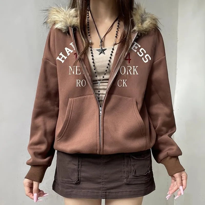 Y2k Zip Up Hoodie Fur Jackets Winter Coats Teen Emo Grunge 2000s Clothes Vintage Streetwear Women