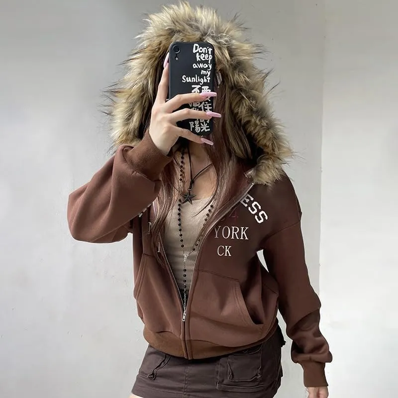 Y2k Zip Up Hoodie Fur Jackets Winter Coats Teen Emo Grunge 2000s Clothes Vintage Streetwear Women