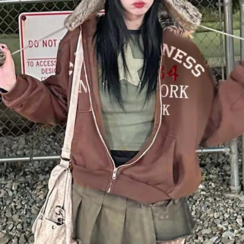 Y2k Zip Up Hoodie Fur Jackets Winter Coats Teen Emo Grunge 2000s Clothes Vintage Streetwear Women