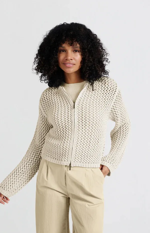 YAYA mesh stitch zip front cardigan Summer Sand