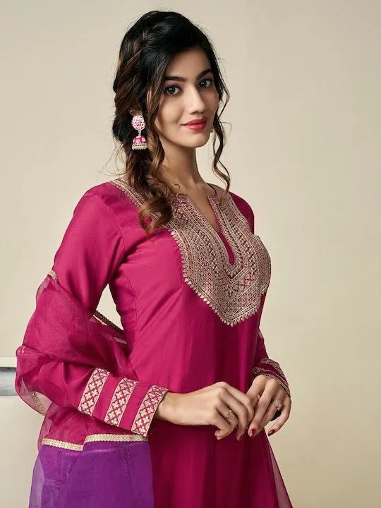 Yoke Design Regular Thread Work Chanderi Cotton Kurta with Trousers & With Dupatta