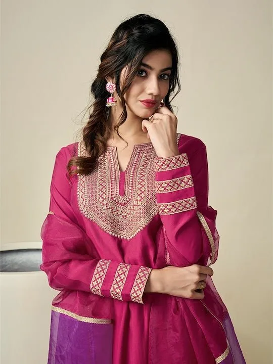 Yoke Design Regular Thread Work Chanderi Cotton Kurta with Trousers & With Dupatta