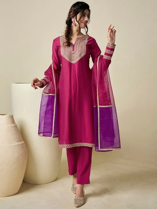 Yoke Design Regular Thread Work Chanderi Cotton Kurta with Trousers & With Dupatta