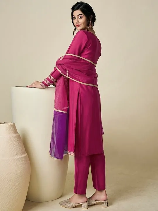 Yoke Design Regular Thread Work Chanderi Cotton Kurta with Trousers & With Dupatta