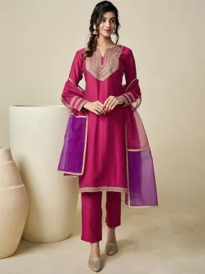 Yoke Design Regular Thread Work Chanderi Cotton Kurta with Trousers & With Dupatta