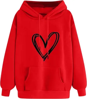 YRAETENM Heart Hoodies for Women Valentine's Day Drawstring Long Sleeve Sweatshirts Cute Holiday Pullover Tops with Pockets