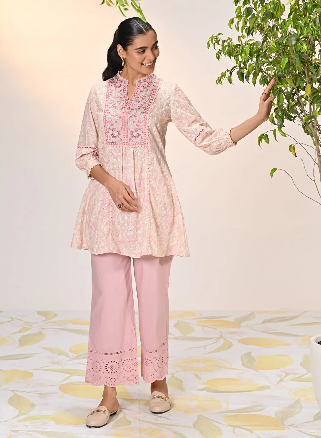 Yumna Pink Embroidered Schiffli Kurti for Women