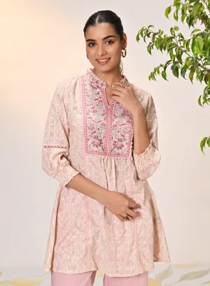 Yumna Pink Embroidered Schiffli Kurti for Women