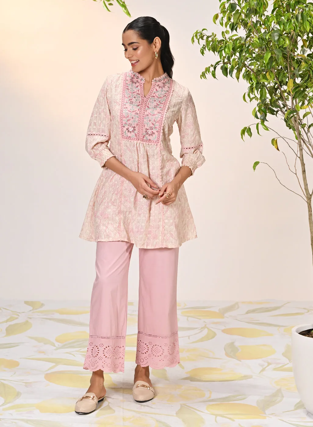 Yumna Pink Embroidered Schiffli Kurti for Women
