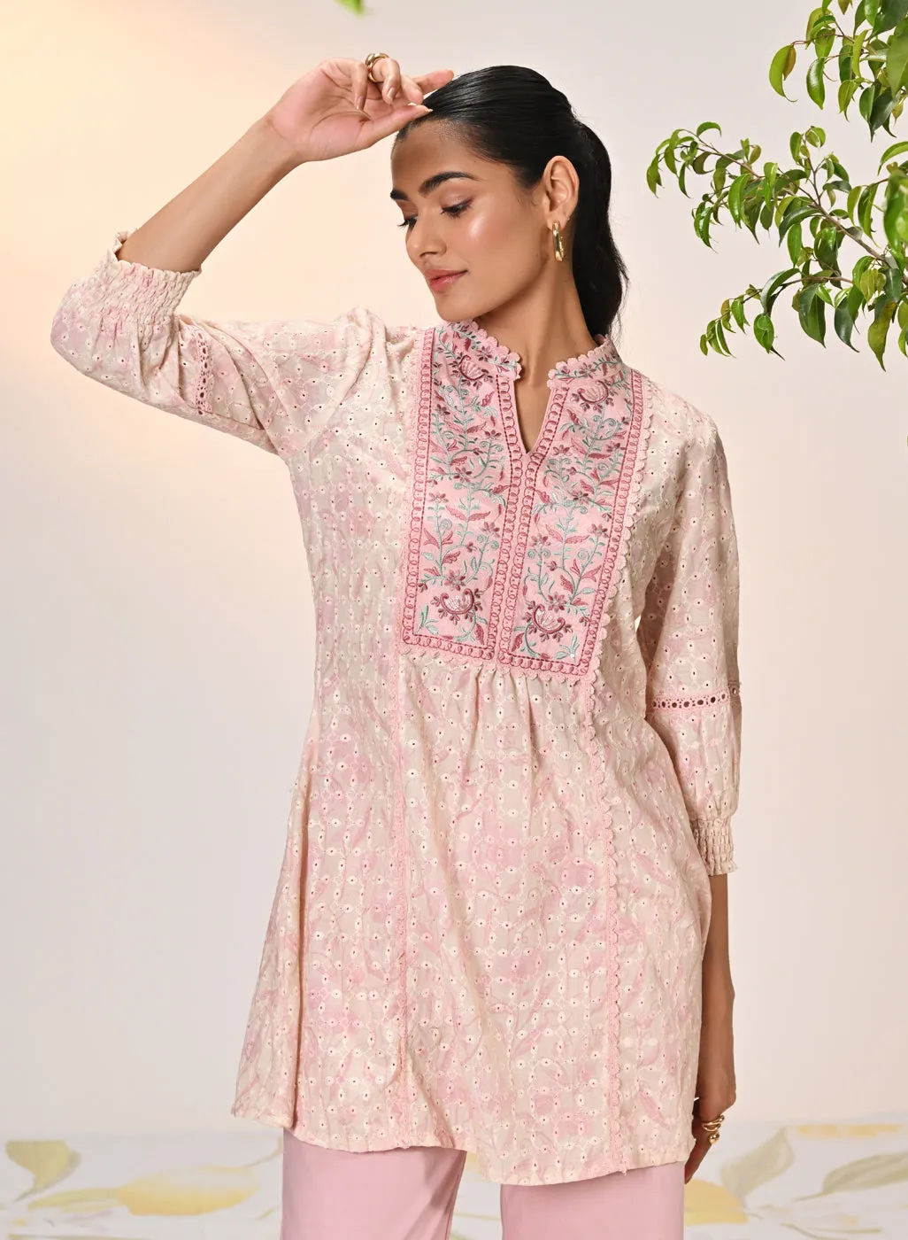 Yumna Pink Embroidered Schiffli Kurti for Women