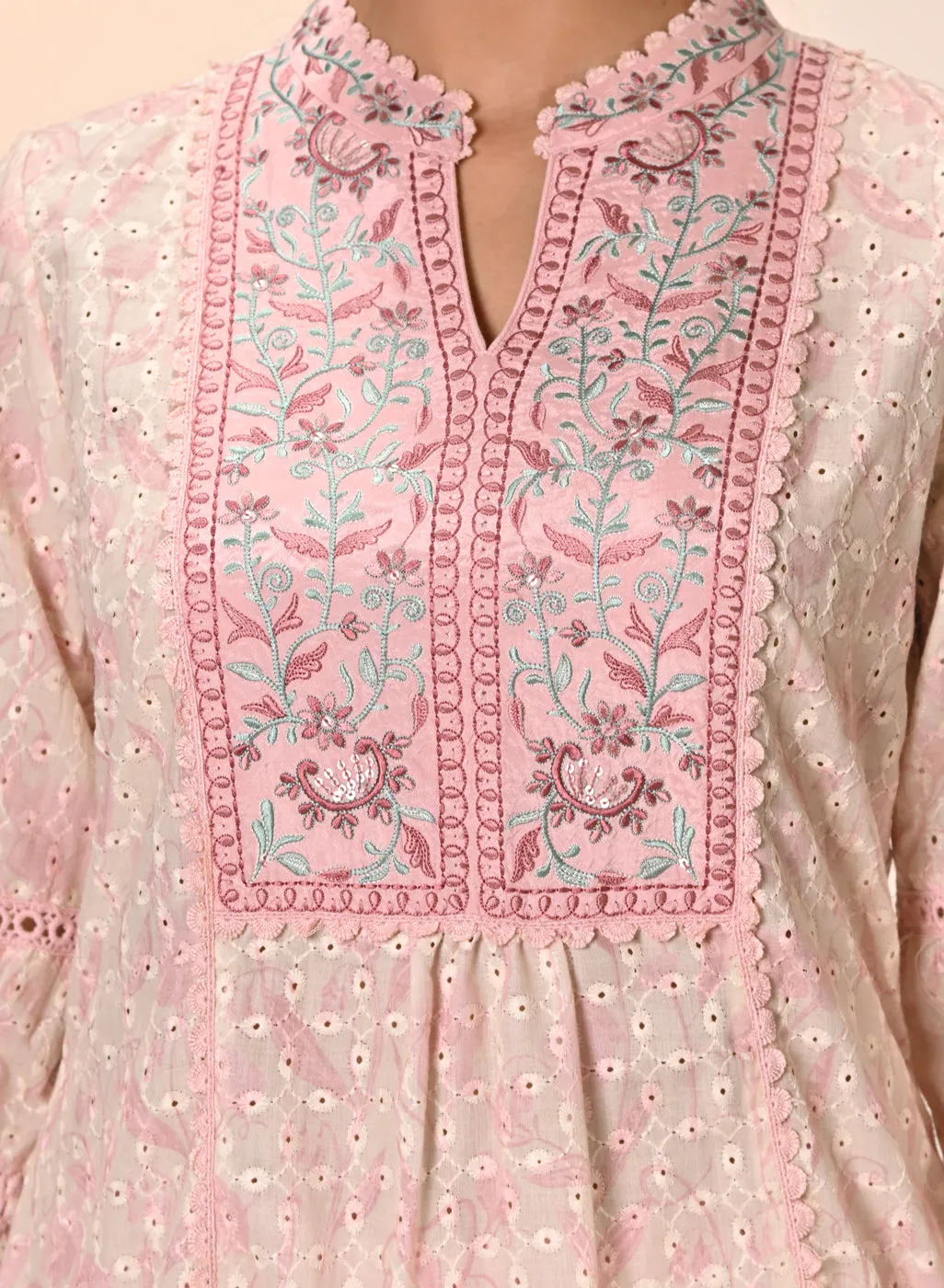 Yumna Pink Embroidered Schiffli Kurti for Women