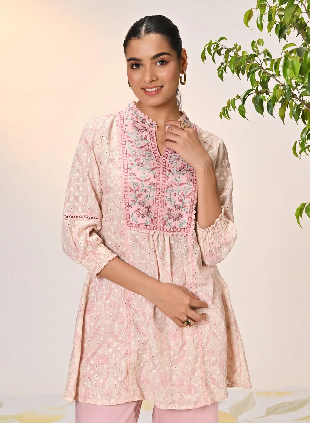 Yumna Pink Embroidered Schiffli Kurti for Women