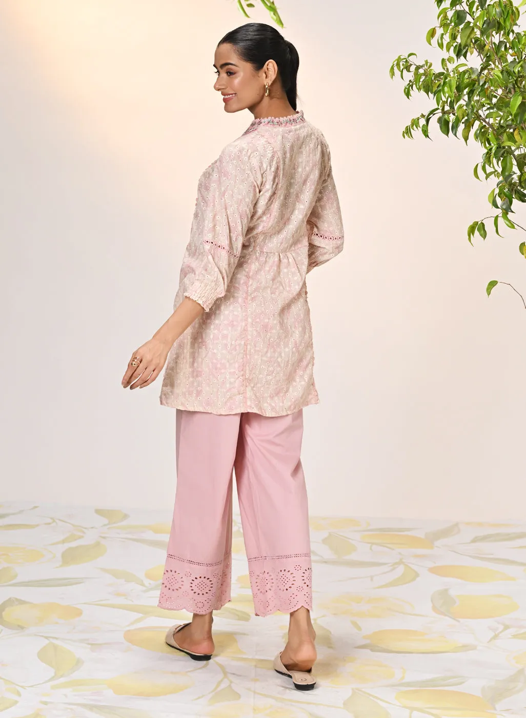 Yumna Pink Embroidered Schiffli Kurti for Women