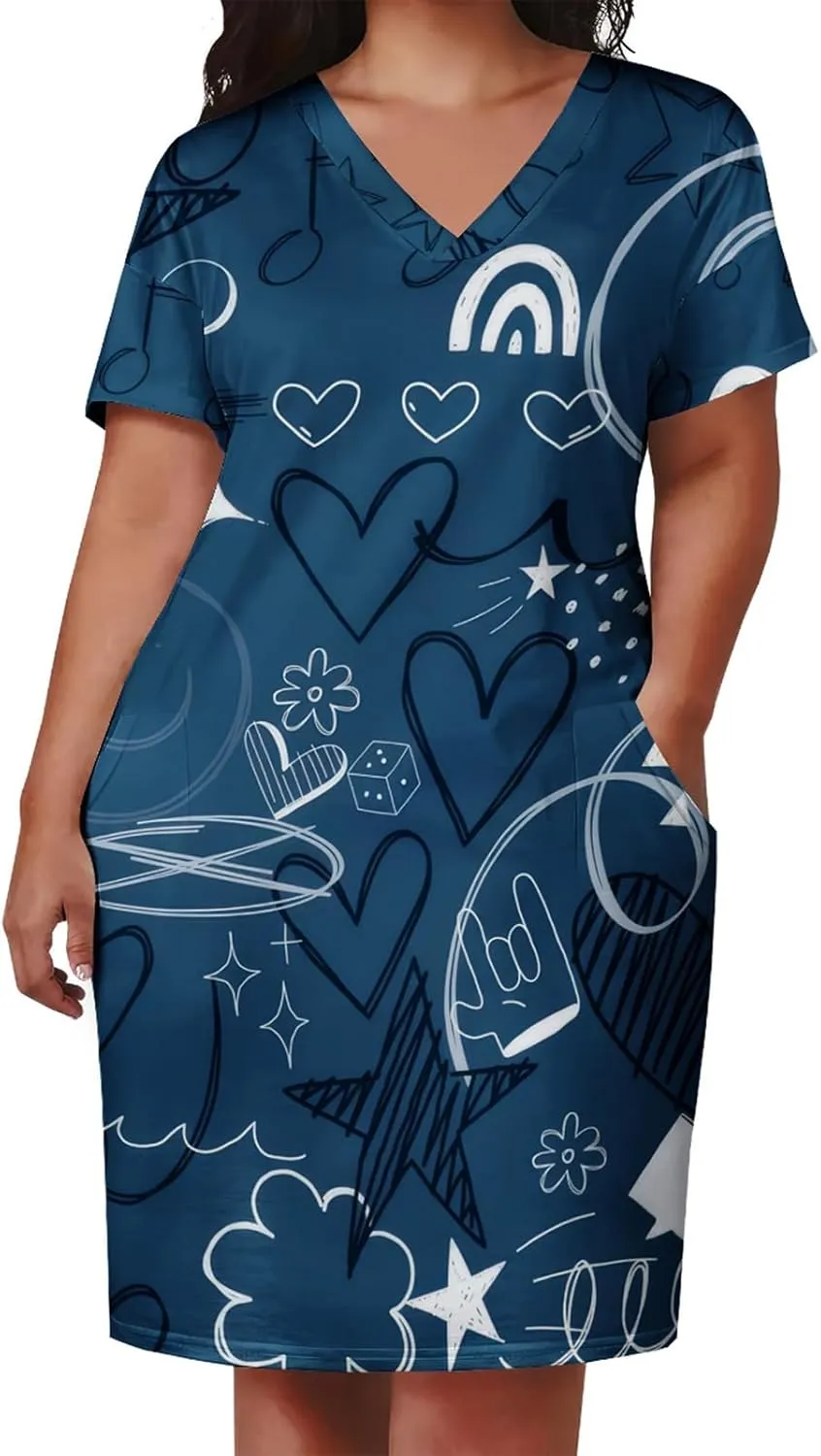 Yuopeid Women's Plus Size Fashion Printed Sexy V Neck Short Sleeve Loose Casual Summer Party Vacation Midi Dress