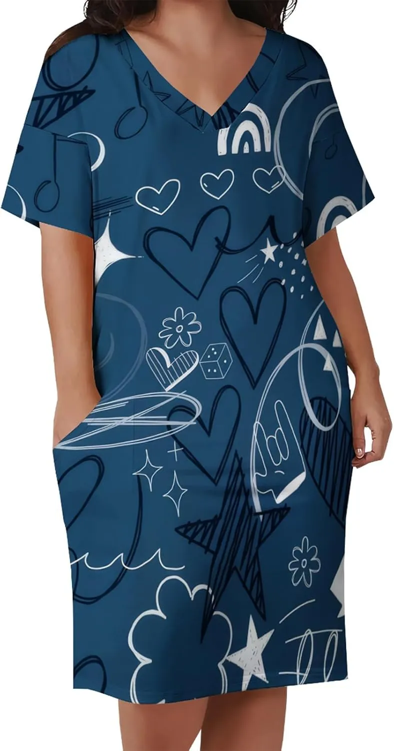 Yuopeid Women's Plus Size Fashion Printed Sexy V Neck Short Sleeve Loose Casual Summer Party Vacation Midi Dress