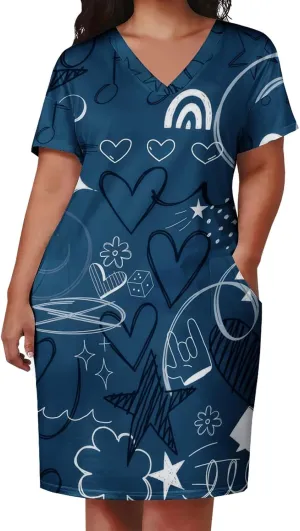 Yuopeid Women's Plus Size Fashion Printed Sexy V Neck Short Sleeve Loose Casual Summer Party Vacation Midi Dress