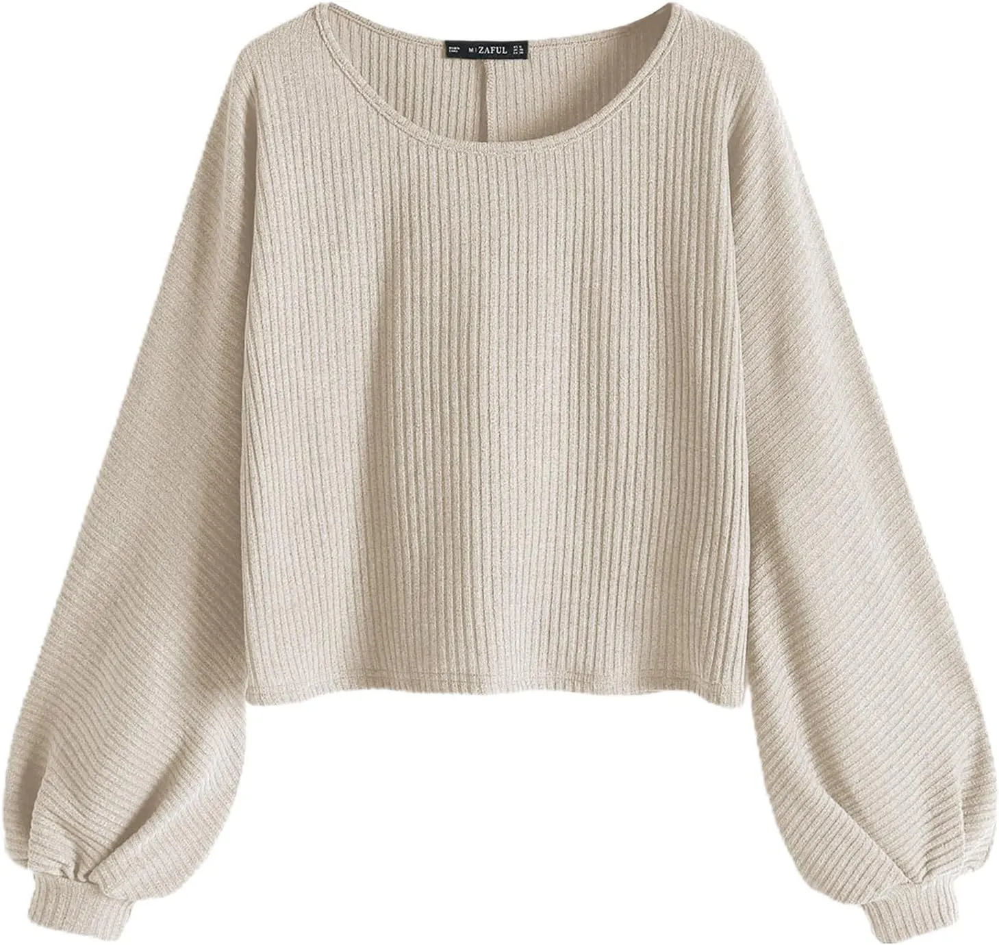 ZAFUL Women Ribbed Knit Long Sleeve Tops Shirts Lantern Sleeve Oversized Pullover Crop Sweater