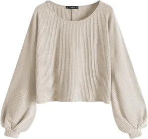 ZAFUL Women Ribbed Knit Long Sleeve Tops Shirts Lantern Sleeve Oversized Pullover Crop Sweater