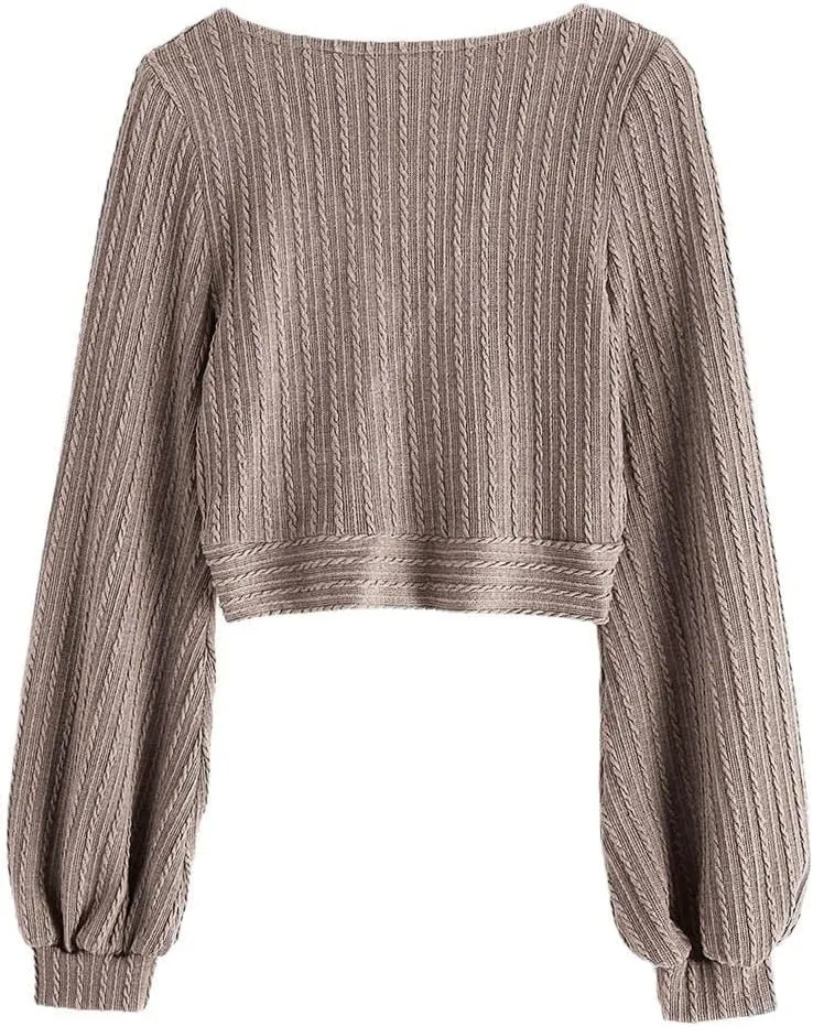 ZAFUL Women's Pullover Ribbed Cropped Knitwear Drawstring Ruched Knitted Crop Top Solid V-Neck Long Sleeve T-Shirt