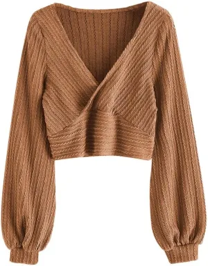 ZAFUL Women's Pullover Ribbed Cropped Knitwear Drawstring Ruched Knitted Crop Top Solid V-Neck Long Sleeve T-Shirt