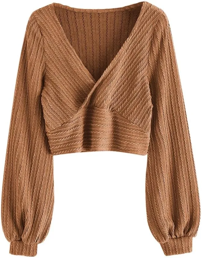 ZAFUL Women's Pullover Ribbed Cropped Knitwear Drawstring Ruched Knitted Crop Top Solid V-Neck Long Sleeve T-Shirt