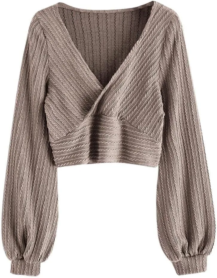 ZAFUL Women's Pullover Ribbed Cropped Knitwear Drawstring Ruched Knitted Crop Top Solid V-Neck Long Sleeve T-Shirt