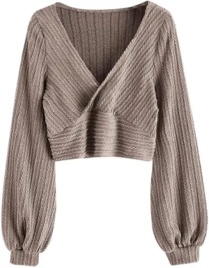 ZAFUL Women's Pullover Ribbed Cropped Knitwear Drawstring Ruched Knitted Crop Top Solid V-Neck Long Sleeve T-Shirt