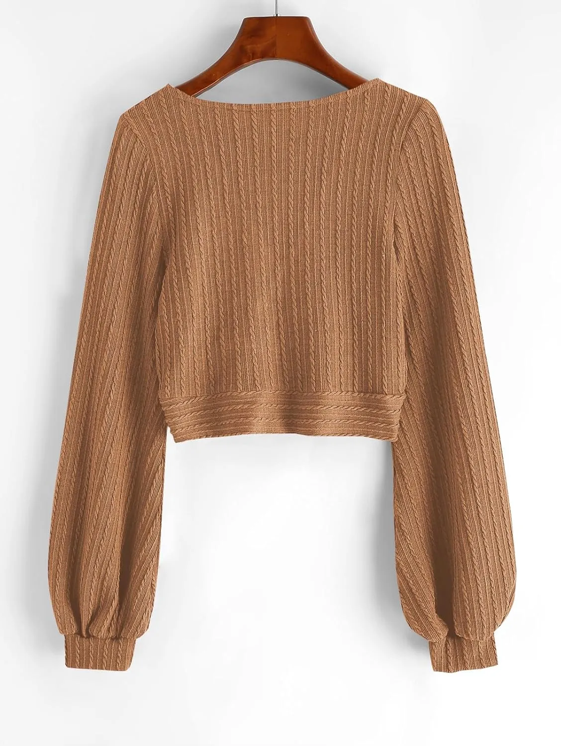ZAFUL Women's Pullover Ribbed Cropped Knitwear Drawstring Ruched Knitted Crop Top Solid V-Neck Long Sleeve T-Shirt