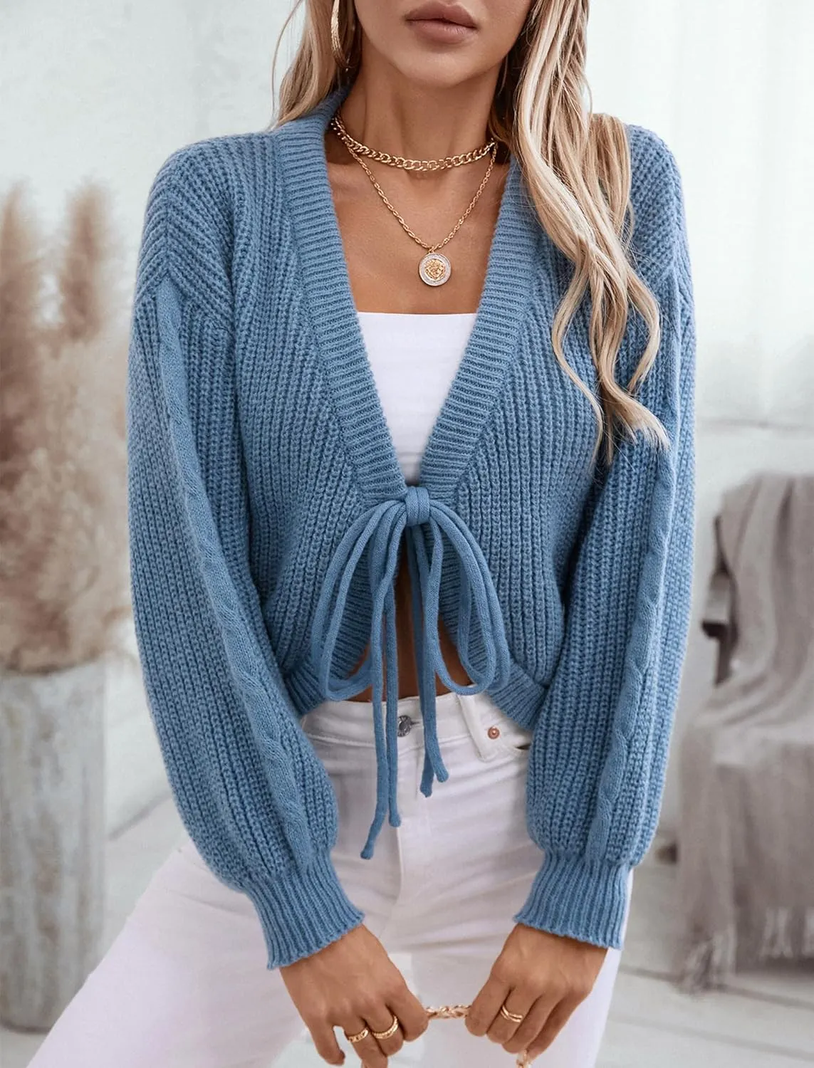 ZAFUL Women's Tie Front Crop Cardigan Sweater V-Neck Lantern Sleeve Open Front Loose Casual Knitwear
