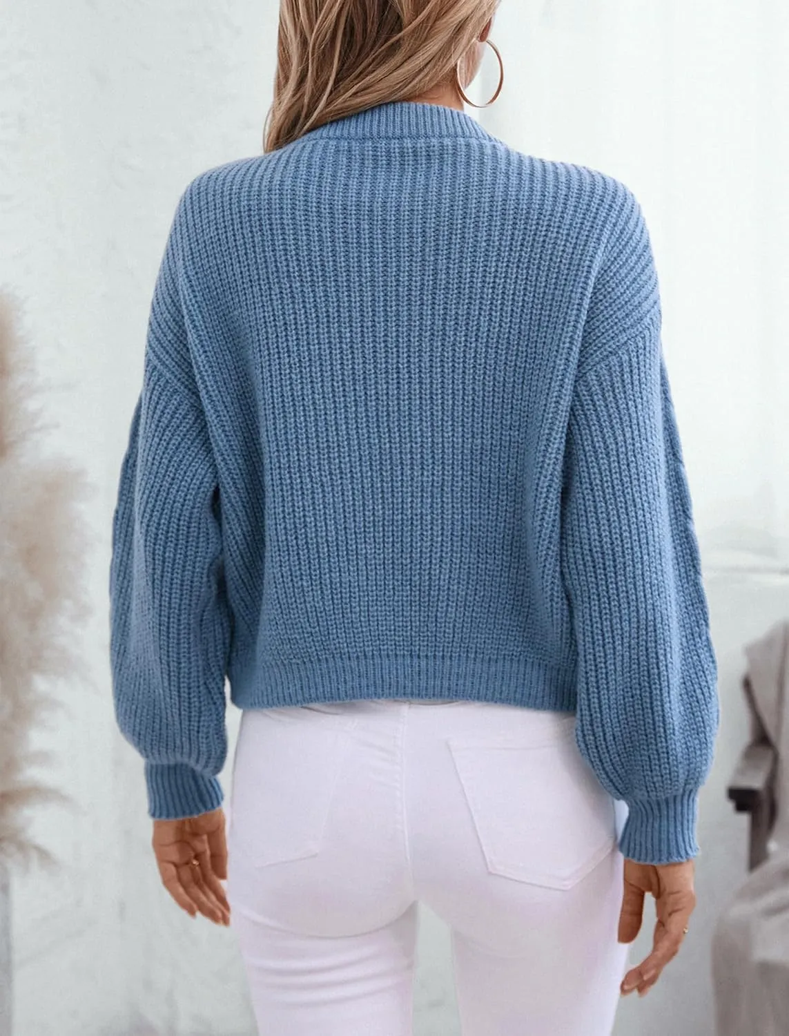 ZAFUL Women's Tie Front Crop Cardigan Sweater V-Neck Lantern Sleeve Open Front Loose Casual Knitwear