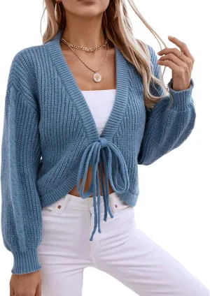 ZAFUL Women's Tie Front Crop Cardigan Sweater V-Neck Lantern Sleeve Open Front Loose Casual Knitwear
