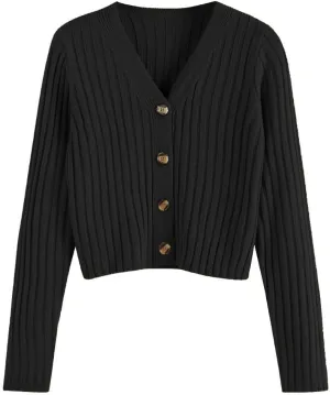 ZAFUL Women's V Neck Ribbed Button Up Cardigan Solid Knitwear Long Sleeve Surplice Crop Tops Sweaters