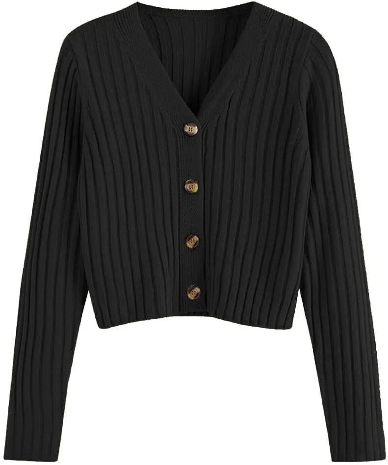 ZAFUL Women's V Neck Ribbed Button Up Cardigan Solid Knitwear Long Sleeve Surplice Crop Tops Sweaters