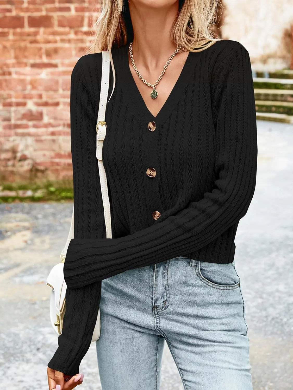 ZAFUL Women's V Neck Ribbed Button Up Cardigan Solid Knitwear Long Sleeve Surplice Crop Tops Sweaters