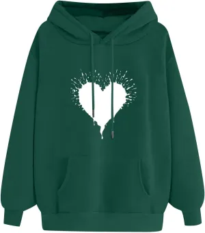 ZDRZK Hoodies For Women Cute Heart Print Drawstring Casual Hooded Sweatshirts Oversized Basic Fall Clothes With Pocket