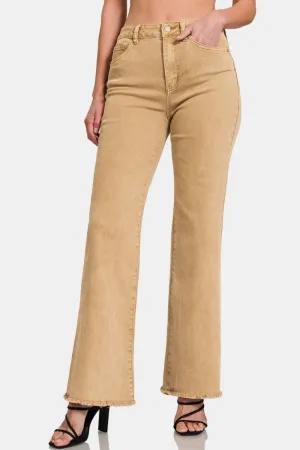 Zenana Acid Washed Frayed Hem Bootcut Jeans in Light Camel