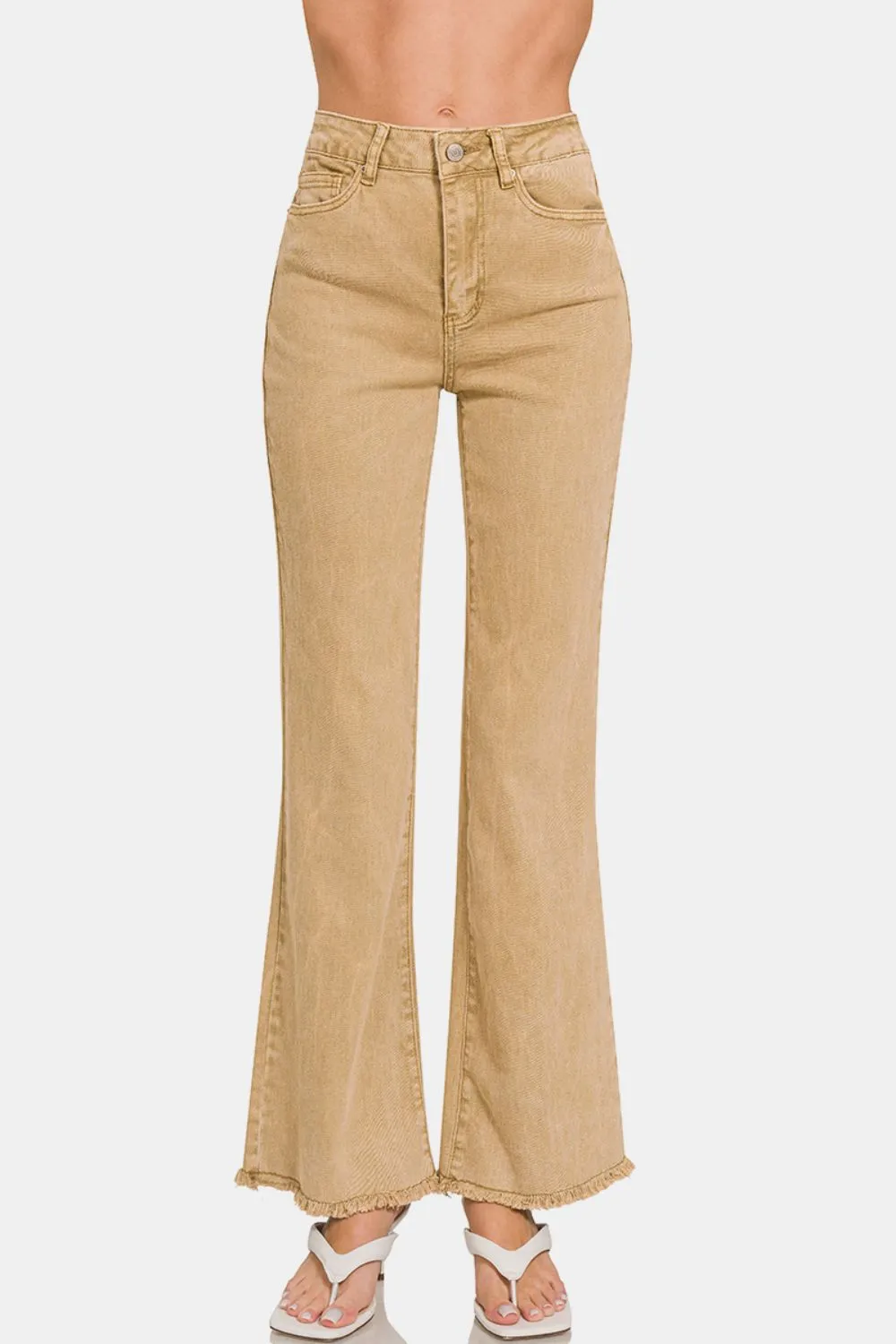 Zenana Acid Washed Frayed Hem Bootcut Jeans in Light Camel