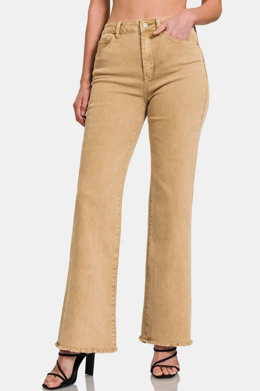 Zenana Acid Washed Frayed Hem Bootcut Jeans in Light Camel