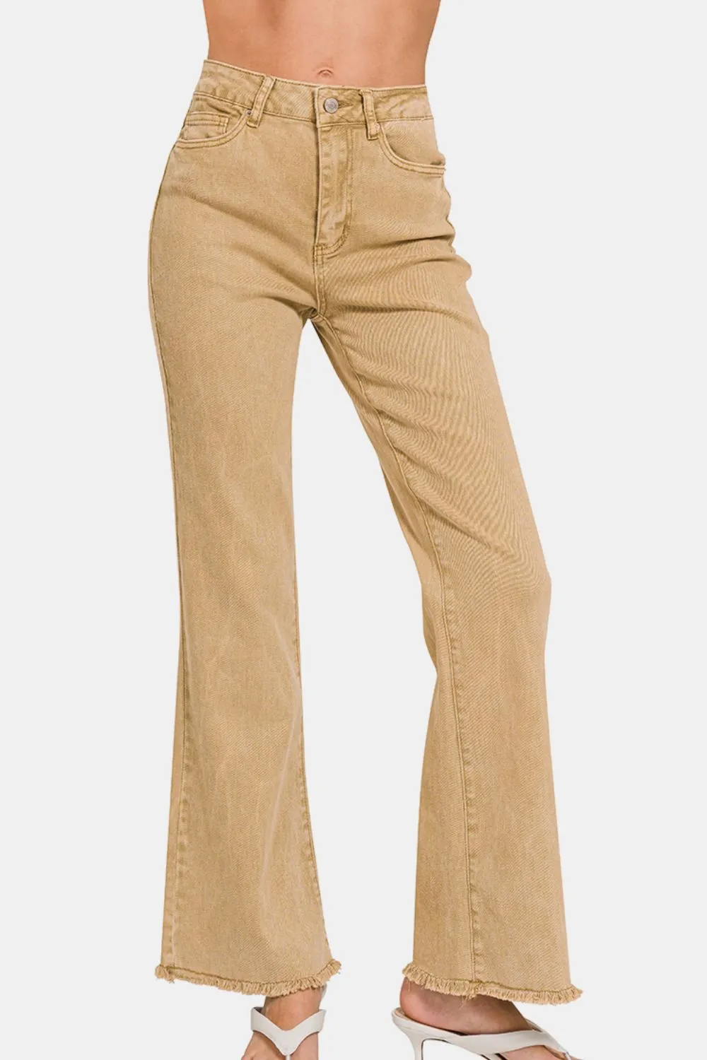 Zenana Acid Washed Frayed Hem Bootcut Jeans in Light Camel