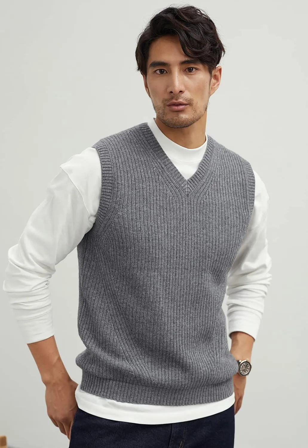 zhilifs Mens V-Neck Knitted Sweater Sleeveless Pullover Knitwear Vest Solid Plain Loose Fit All Match Sweater Tops