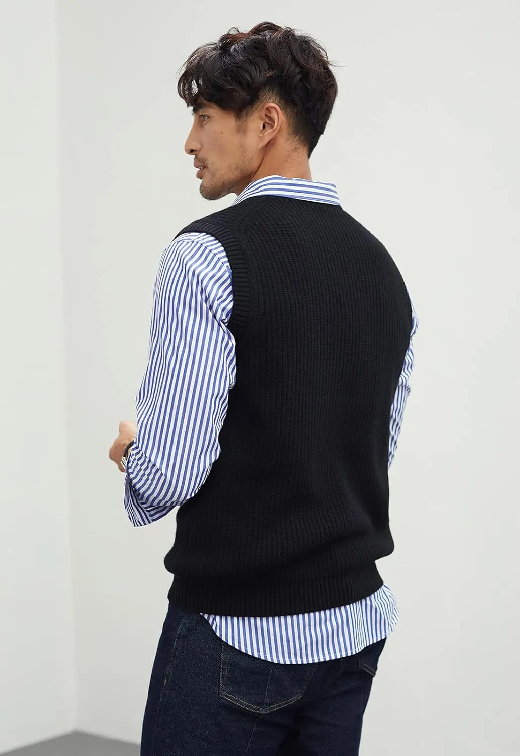 zhilifs Mens V-Neck Knitted Sweater Sleeveless Pullover Knitwear Vest Solid Plain Loose Fit All Match Sweater Tops