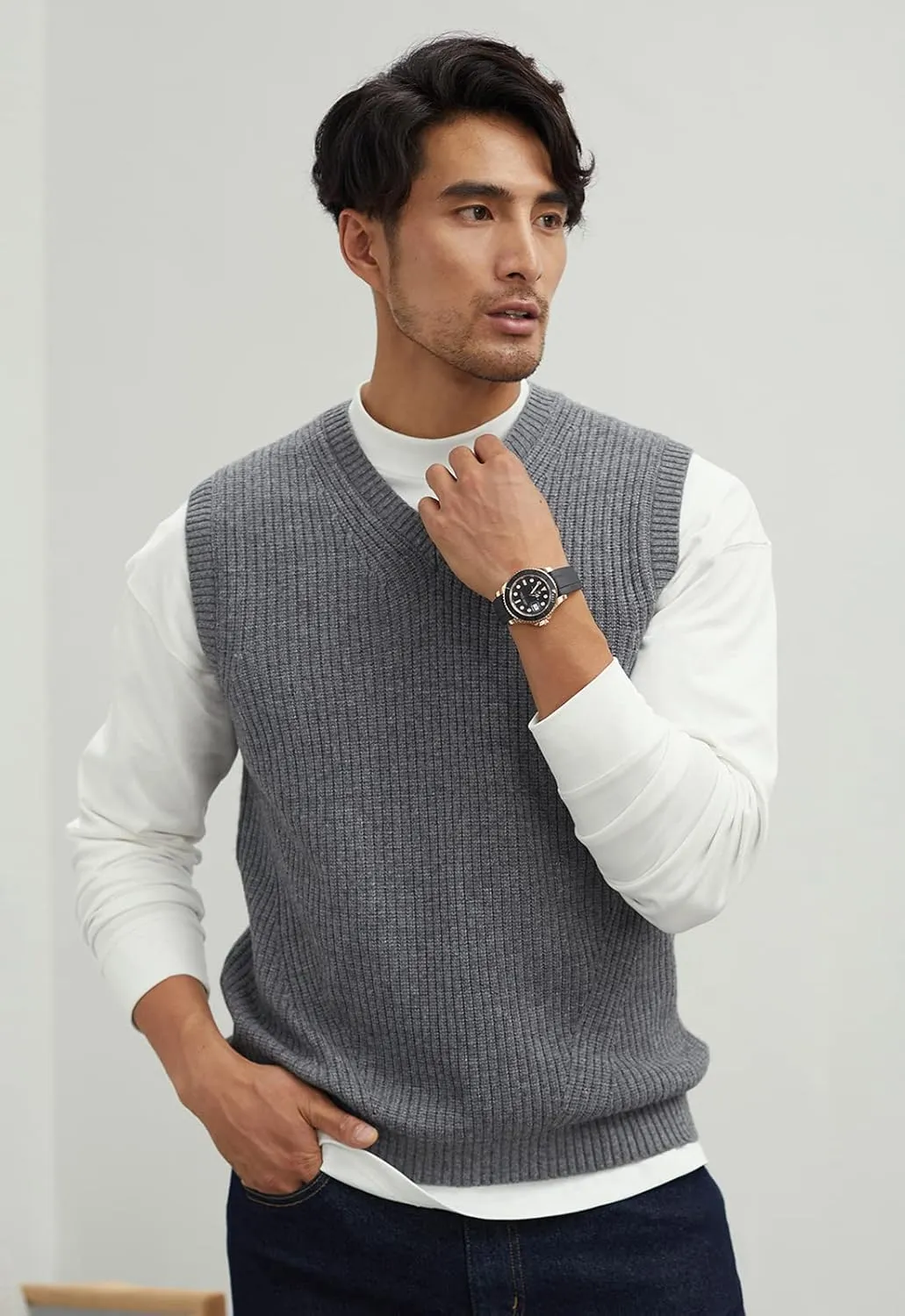 zhilifs Mens V-Neck Knitted Sweater Sleeveless Pullover Knitwear Vest Solid Plain Loose Fit All Match Sweater Tops